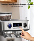 Premium Dual Boiler Espresso Machine With Integrated Grinder And 20 Bar Pressure Smooth Operator Milk Frother Plus Spacious Water Tank in brushed stainless steel showing user-friendly control panel.