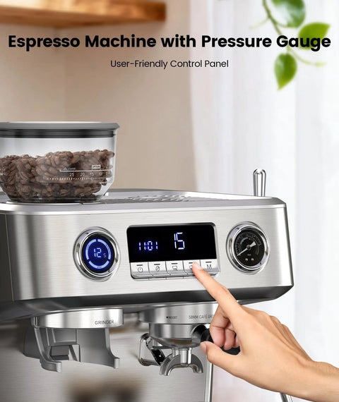 Badass 20 Bar Espresso Machine With Built In Grinder And Dual Boiler Heating System For Simultaneous Pulls And Frothing Game Changer Kitchen Gear Fire Shots Every Time, featuring user-friendly control panel and pressure gauge.