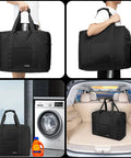 Four images of Foldable Grab And Go Travel Duffle Bag With Trolley Sleeve 40L Ultra Lightweight Carry On Bag in various settings.