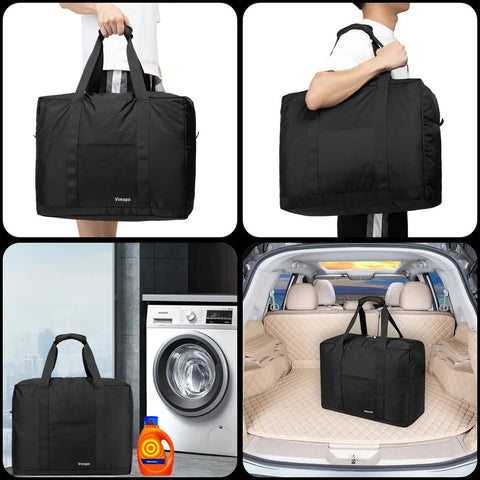 Four images of Foldable Grab And Go Travel Duffle Bag With Trolley Sleeve 40L Ultra Lightweight Carry On Bag in various settings.