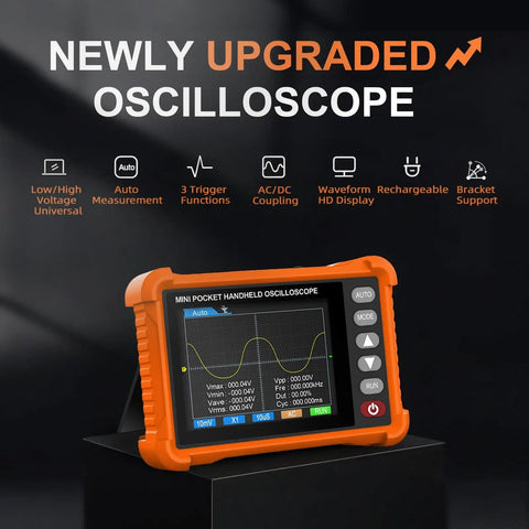 Handheld Oscilloscope With Probe Kit, Portable Pro Grade Lab Scope for Cars, 2.8 Inch TFT Screen, showing waveform display.