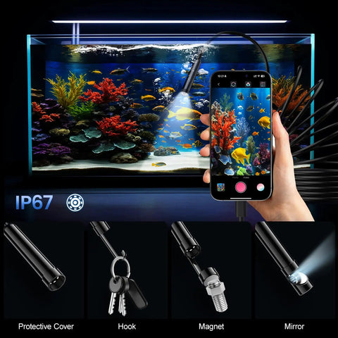Ultra Clear Endoscope Camera With Light 1920P HD Borescope For Android And iOS Inspections With 8 Adjustable LEDs IP67 Waterproof Semi Rigid Snake Cable 18.04 Ft Long For Tight Spots And Hard To Reach Areas. Probe in aquarium with phone display