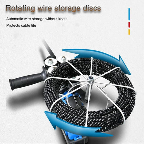 Heavy Duty Cordless Automatic Wire Tugger Fish Tape Fast Electrical Cable Puller Machine With 30M Per Min Speed and One Button Control showing rotating wire storage discs.