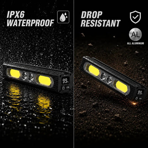 1200 Lumen Bike Headlight And Taillight Set With Aluminum Body, USB-C rechargeable, IPX6 waterproof feature shown during a rain test.