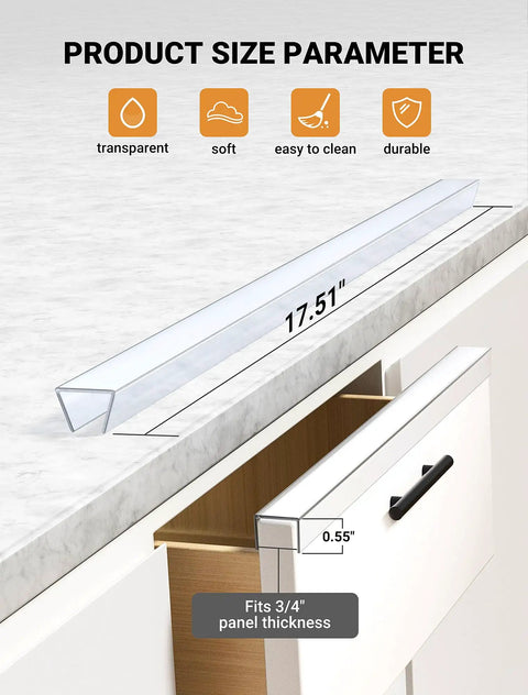 Clear Cabinet Door Edge Protectors 17.5 Inch PVC Furniture Guards 4 Pack Scratch Resistant Bumper Strips for 3/4 Thick Kitchen Cabinetry showing size parameters