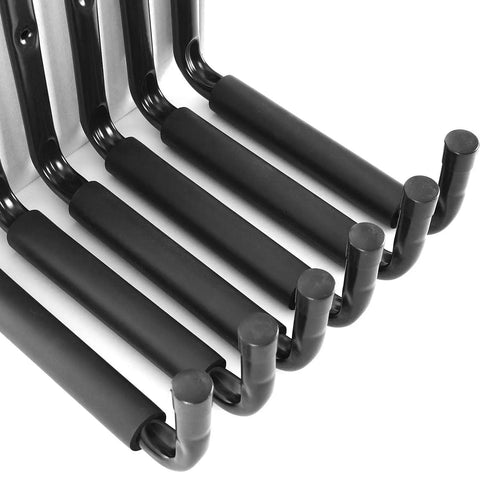 Heavy Duty Garage Hooks With 9 Inch Jumbo Arm Wall Mount Organizer For Ladders Tools Chairs Hoses Bicycles And Other Bulky Gear Ideal For Garage Storage And Organization 6 Pack Black Heavy Duty Wall Hangers close-up view