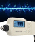 Pro Grade Handheld Digital Vibration Meter Tester Knocks Out Bearing Faults While Measuring Acceleration And Speed With Slick Probe For Heavy Duty Mechanical Diagnostics, displaying digital readout.