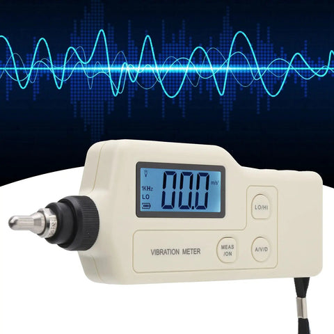 Pro Grade Handheld Digital Vibration Meter Tester Knocks Out Bearing Faults While Measuring Acceleration And Speed With Slick Probe For Heavy Duty Mechanical Diagnostics, displaying digital readout.