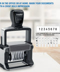 Heavy Duty Eight Band Self Inking Number Stamp With Slick Stainless Steel Dials And Killer Bold Black Ink For Daily Grind Voucher Marking Batch Coding Serial Tracking And Shop Pricing on a desk.