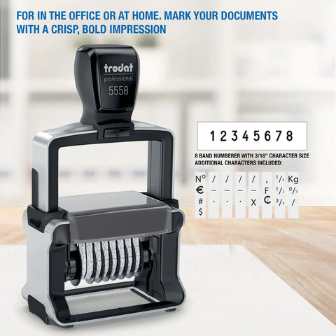 Heavy Duty Eight Band Self Inking Number Stamp With Slick Stainless Steel Dials And Killer Bold Black Ink For Daily Grind Voucher Marking Batch Coding Serial Tracking And Shop Pricing on a desk.