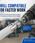 Drill attachment for Pro Grade Pvc Pipe Threading Tool connects to power drills for fast threading on PVC pipes.