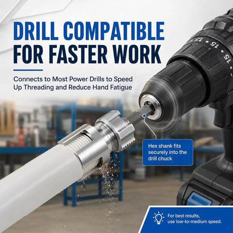 Drill attachment for Pro Grade Pvc Pipe Threading Tool connects to power drills for fast threading on PVC pipes.