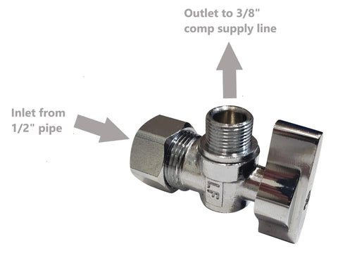 Two Pack Angle Shut Off Valve Set With One Half Inch Inlet And Three Eighths Inch Compression Outlet Includes Escutcheon Plate And Twenty Inch Stainless Steel Braided Lavatory Water Supply Lines Heavy Duty One Quarter Turn Ball Valves For Easy On Off showing 1/2 inch inlet and 3/8 inch outlet valve