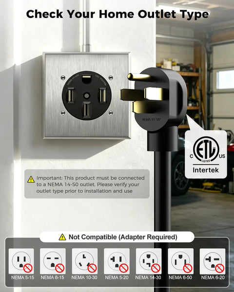 NEMA 14-50 outlet with a plug for the Heavy Duty 40A Level 2 Electric Vehicle Charger With Smart App Tracking for Tesla.