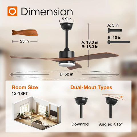 Diagram of 52 Inch Black Ceiling Fan With Lights And Remote, 2 Pack, Reversible Wood Blades, dimensions and installation options.