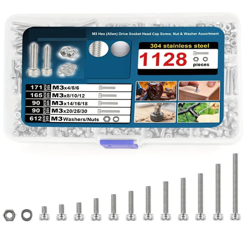 1128 Piece Hex Socket Head Cap Bolt Set M3 Stainless Steel Allen Screws Kit For Machinery And Auto DIY Projects Gearhead Approved Durable Fasteners For Repairs And Upgrades, 304 stainless steel M3 bolts, nuts, and washers in storage case
