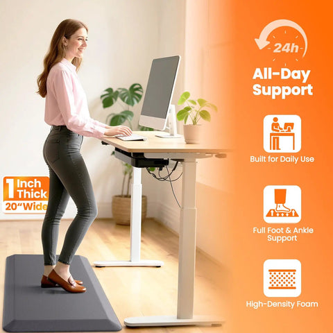 Woman using Ultra Thick 1 Inch Anti Fatigue Kitchen Mat For Floor, Non Slip And Waterproof Cushioning, Perfect For Cooking, Cleaning Or Desk Work , 20 X 39 Inches, Grey, Built To Last And Easy To Clean at standing desk
