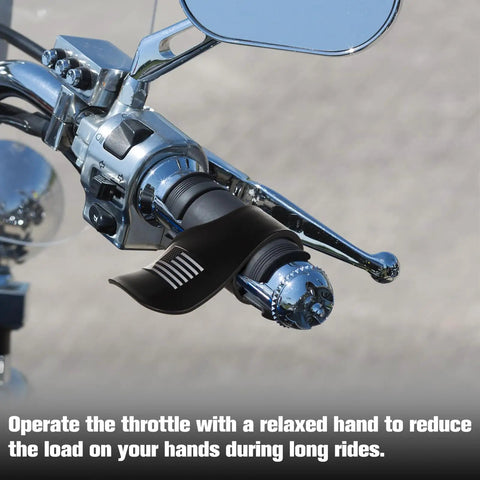 Two Pack Black Cruise Assist Grips For Motorcycles And Scooters With American Flag Decal fitted on a motorcycle throttle