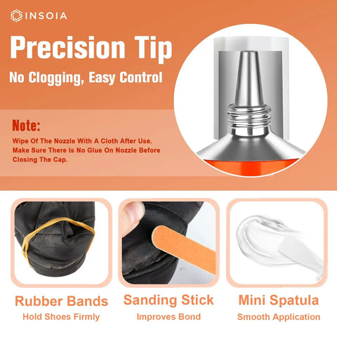 Heavy Duty Shoe Glue Kit 29.5 Milliliters Each 2 Pack Clear Adhesive nozzle tip with rubber bands, sanding stick, and mini spatula