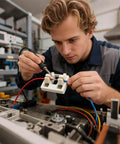 Technician using Wireless Adjustable Portable Soldering Jig For Wires And PCBs on a workbench for electronics repair.