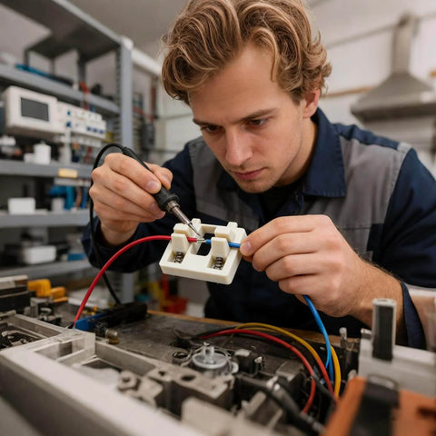 Technician using Wireless Adjustable Portable Soldering Jig For Wires And PCBs on a workbench for electronics repair.