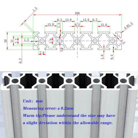 Technical drawing and close-up of Durable T Slot Aluminum Extrusion For 3D Printer Parts And CNC DIY Projects Silver 500mm Length Pack Of Two.