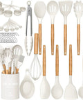 33 Piece Nonstick Silicone Kitchen Utensils Set With Holder Cream White Wooden Handles BPA Free Food Grade Heat Resistant Cooking Tools