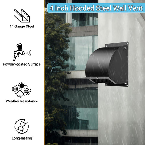 Heavy-Duty 4-Inch Dryer Vent Cover With Screen And Damper, 14 Gauge Steel Outdoor Vent Cap Black in rain, wall-mounted