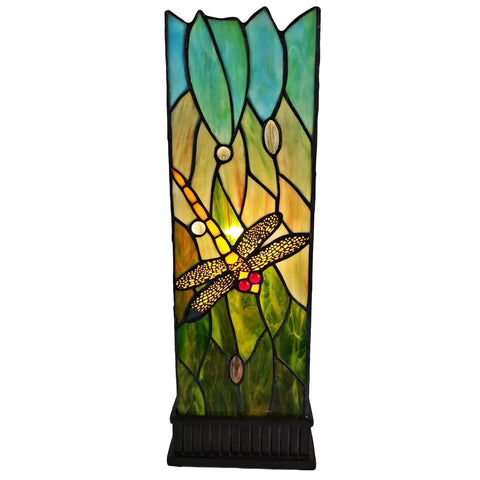 Tiffany Style Dragonfly Stained Glass Lamp For Bedside Table Desk Or Piano, Green Yellow Dragonfly Pattern, Handcrafted Gift, 18 Inches Tall