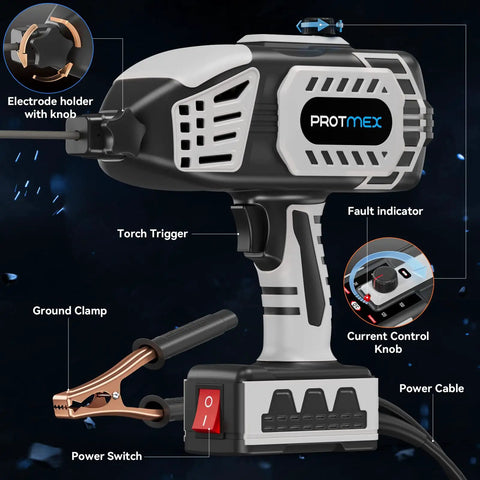 Portable Handheld Welder 110V IGBT Inverter with ARC gun, cable, and control knob labeled features for DIY projects and repairs