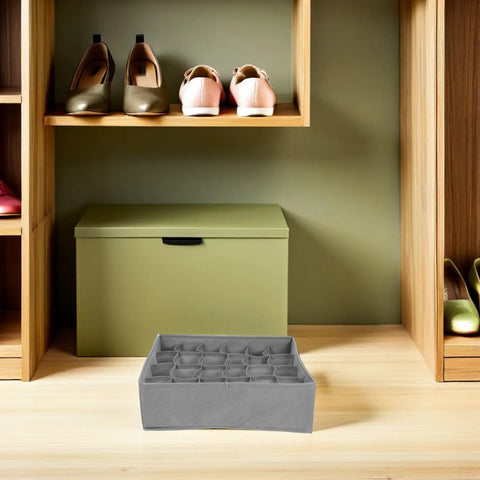 Set Of Three Foldable Cloth Underwear Organizers To Chill Out Drawer Chaos And Keep Your Closet Fresh While Giving Delicate Bras Extra Love During Your Busy Weekday Hustle, grey fabric organizer with compartments.