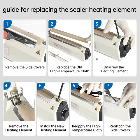 Guide for replacing the heating element of No Fuss Plug And Play Impulse Heat Sealer Featuring 8 Inch Seal Bar.