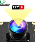 Low Light USB Camera Module With Starvis 0.0001 Lux, close-up of lens on circuit board, 1080P H.264 web cam for laptop and Raspberry Pi.