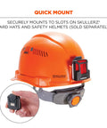 Orange helmet with Skullerz 8993 Hard Hat Safety Light With Magnetic Mount Four Direction Beacon For Low Light Worksites attached.