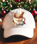 Baseball cap with a festive dessert cup design, part of 12 Piece Dessert Cup Iron On Transfer Kit For Christmas Festive Dessert Cup Designs DIY Heat Transfer Stickers For T Shirts Washable Iron On Decals DTF Transfers Ready To Press For Holiday Party Clothing Caps, shown on wooden table with Christmas ornaments.
