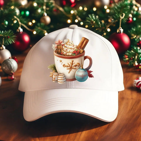 Baseball cap with a festive dessert cup design, part of 12 Piece Dessert Cup Iron On Transfer Kit For Christmas Festive Dessert Cup Designs DIY Heat Transfer Stickers For T Shirts Washable Iron On Decals DTF Transfers Ready To Press For Holiday Party Clothing Caps, shown on wooden table with Christmas ornaments.