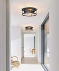 2 Pack 13 Inch Matte Black Flush Mount Ceiling Light Fixture, dope industrial farmhouse open frame in modern hallway