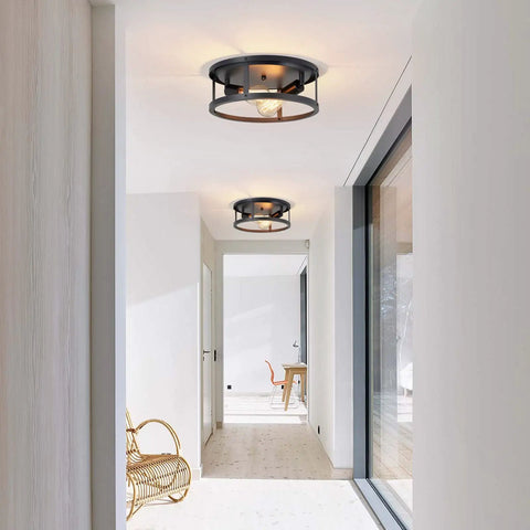 2 Pack 13 Inch Matte Black Flush Mount Ceiling Light Fixture, dope industrial farmhouse open frame in modern hallway