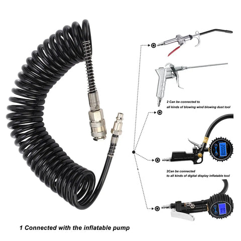 Flexible Coiled Air Hose With Fast Plug N Play Connector For Car Motorcycle Tire Inflation Pump Lightweight Pu Steel Tube Anti Kink 16 Feet Heavy Duty No More Tangles Air Compressor Extension Garage Workshop Smooth Ride Tool Mechanics Crew coiled hose with fittings