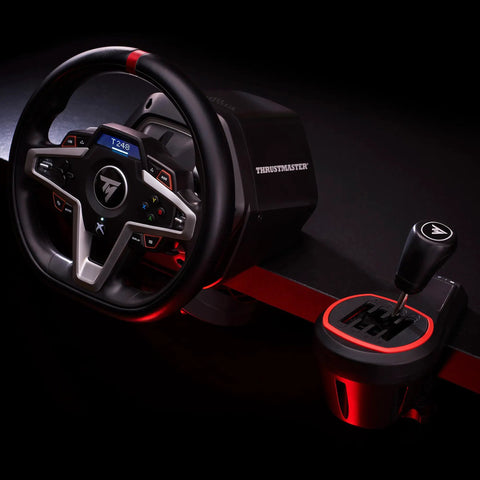 Badass H Pattern Sim Racing Gear Shifter With Seven Plus Reverse Gears For Real Manual Transmission Feel Plug And Play Game Changer For PS5 Xbox PC Steering Wheel Setups That Will Elevate Your Cockpit Rig To Pro Levels Instantly displaying Thrustmaster steering wheel and shifter setup.