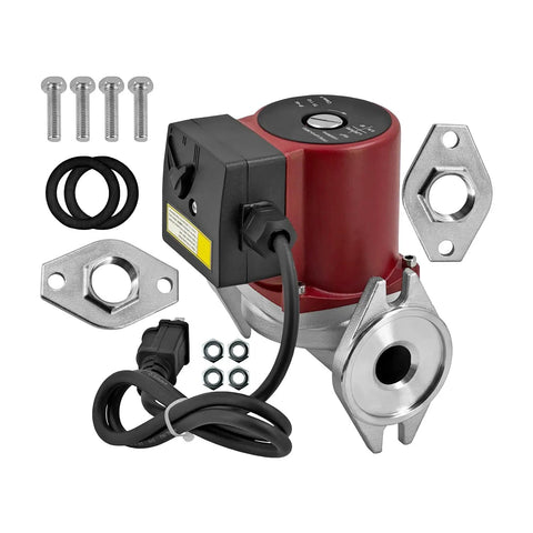 Top Shelf 1/8 HP Hot Water Circulation Pump Flanged with stainless steel parts and installation accessories for easy replacement.
