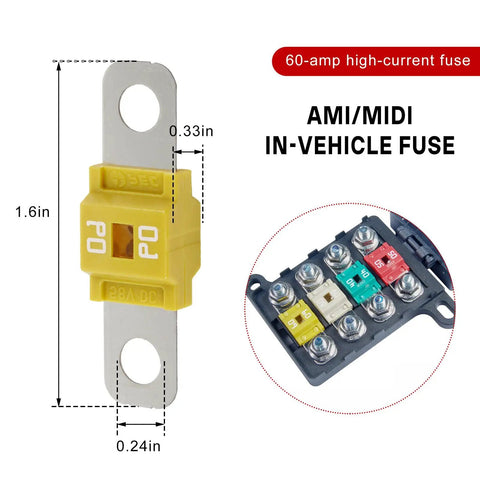 Heavy Duty Midi Fuses 60 Amp Copper Plated Auto Fuse Kit with 1.61 inch yellow fuse, ideal for trucks and RVs.
