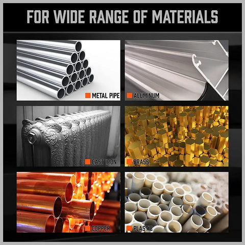 Image showcasing wide range of materials including metal pipe, aluminum, cast iron, brass, copper, and plastic.