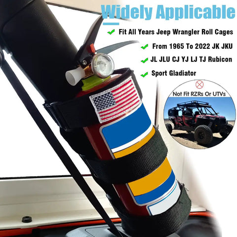 Badass Trail Tough Heavy Duty Black Nylon Fire Extinguisher Roll Bar Mount With Ultra Universal Hook Fastening Straps For Jeep Wrangler Off Road Rig Build mounted on roll bar.