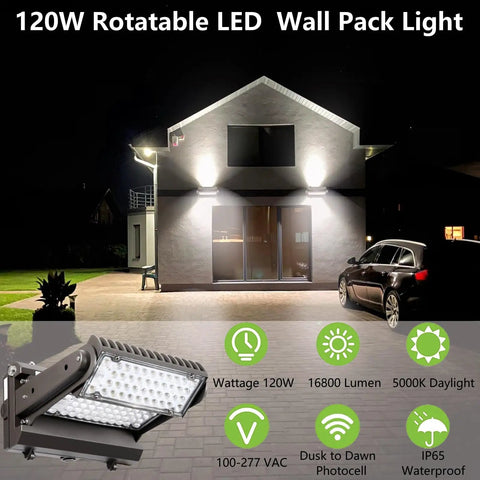 Beast Rotatable 120W LED Wall Pack Light With 60 Degree Beam And 270 Degree Adjustable Head 5000K 16800 Lumens HPS HID Equivalent ETL Outdoor Fixture For Area Lighting Parking Lots Garages And Warehouses