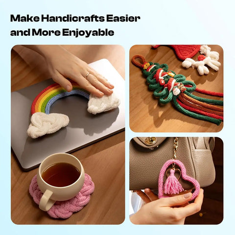Colorful yarn crafts made with Electric ICord Knitting Machine Automatic ICord Maker With Tension Control Hands Free DIY Knitting Tool.