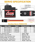 5.5Kg Waterproof High Torque Digital Micro Servo Coreless Motor specifications sheet detailing dimensions and performance for 1/24 RC crawlers