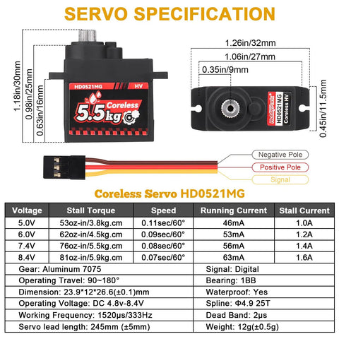 5.5Kg Waterproof High Torque Digital Micro Servo Coreless Motor specifications sheet detailing dimensions and performance for 1/24 RC crawlers