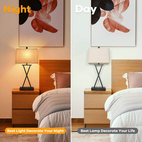 Set Of 2 Touch Control 3-Way Dimmable Table Lamps With USB Ports And Fabric Shade Cream Finish shown in a bedroom at night and day.