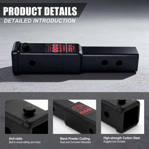 Black 2 inch trailer hitch extender with seven or eight and a half inch extension, includes anti-rattle bolt, high-strength steel.